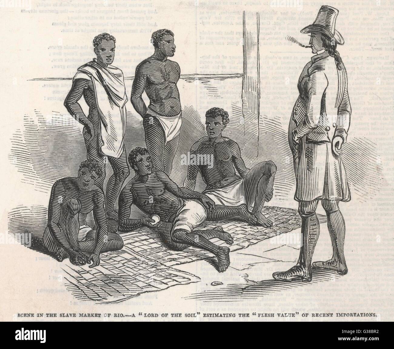 In scena il mercato degli schiavi del Rio - un "Signore del suolo" la stima della "carne" di valore delle recenti importazioni - "Niente può essere più calcolati a shock...' data: 1845 Foto Stock