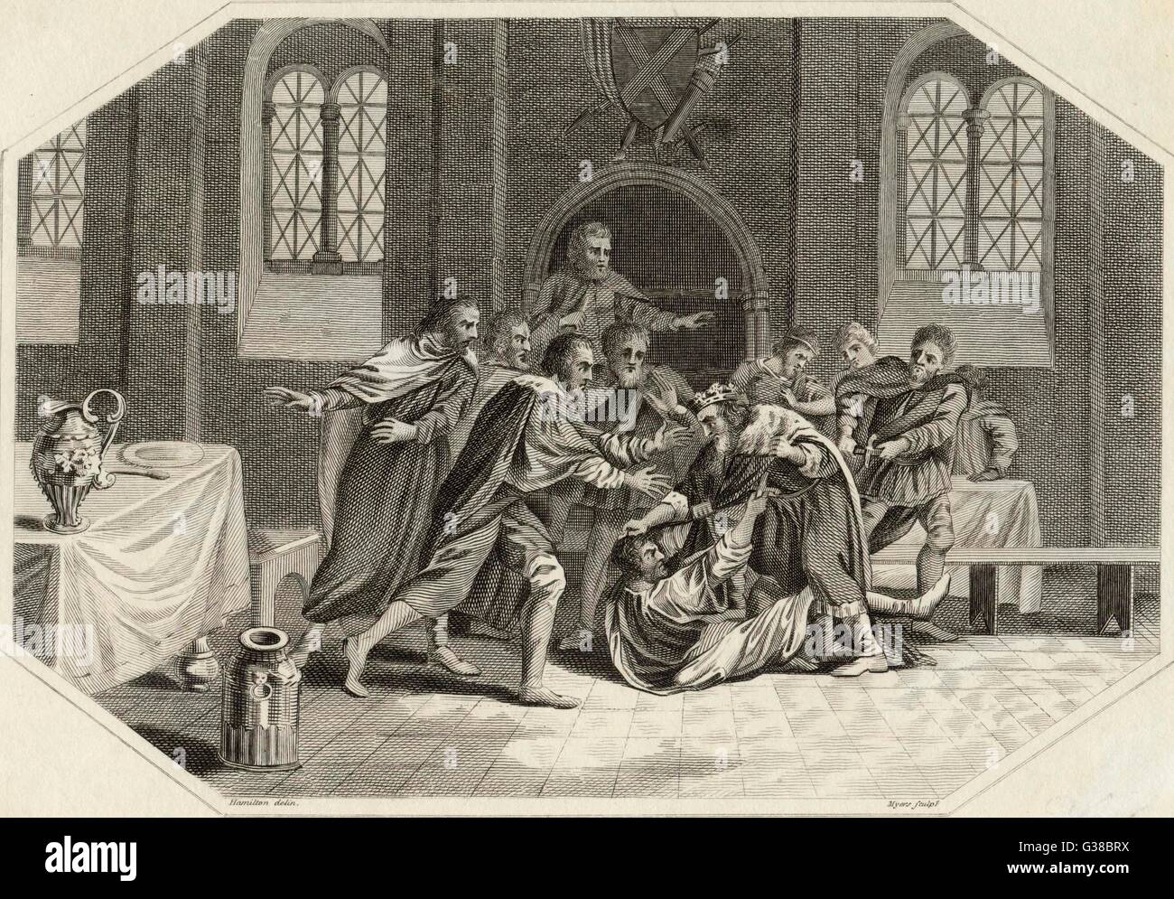 Edmund (o Eadmund) re dell'inglese, è fatalmente pugnalata dal bandito Liofa nella festa di sant Agostino Data: 946 Foto Stock