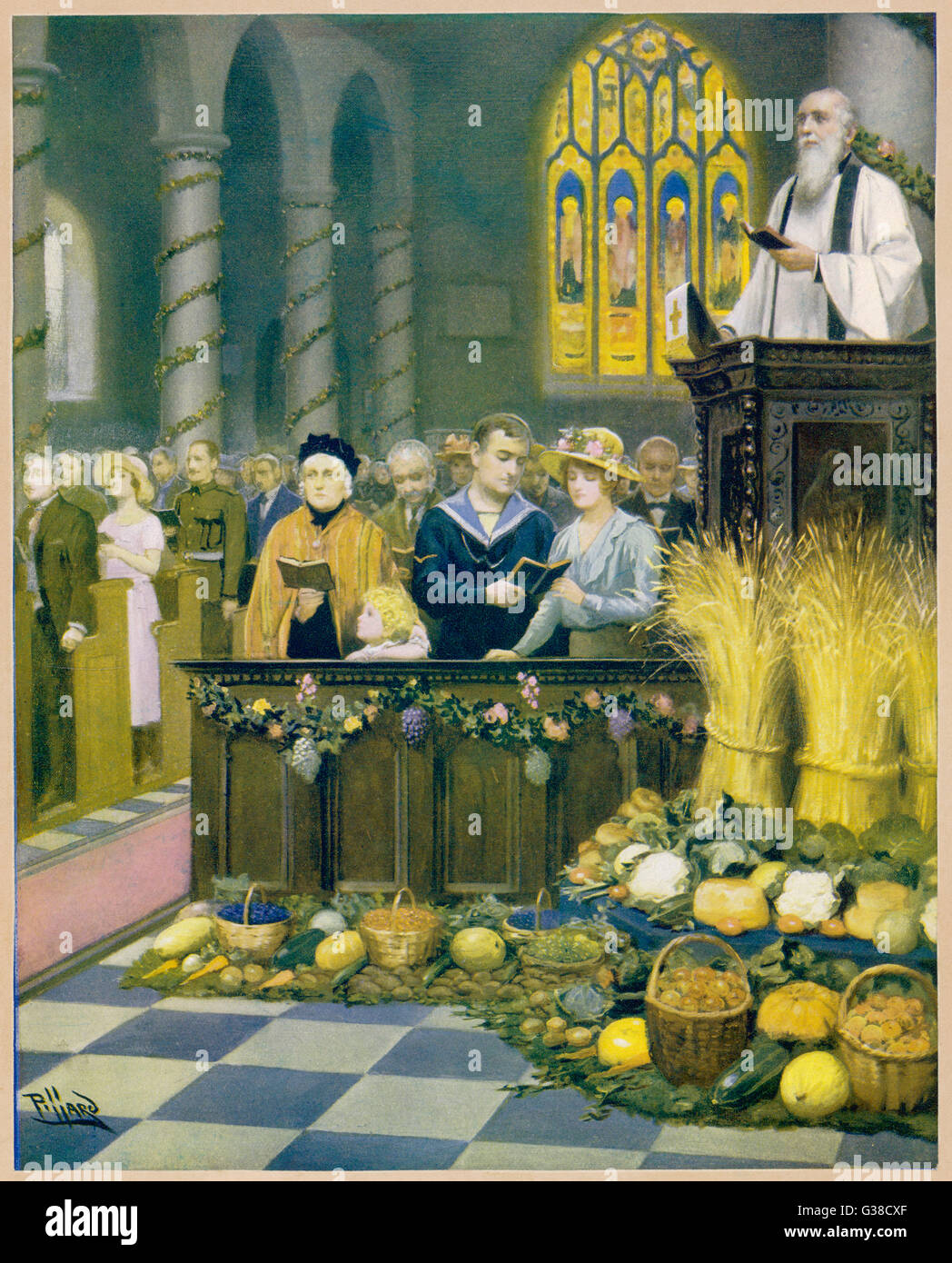Un Harvest Festival di servizio in un paese di lingua inglese - La chiesa decorata con frutta e verdura e covoni di grano Data: circa 1915 Foto Stock