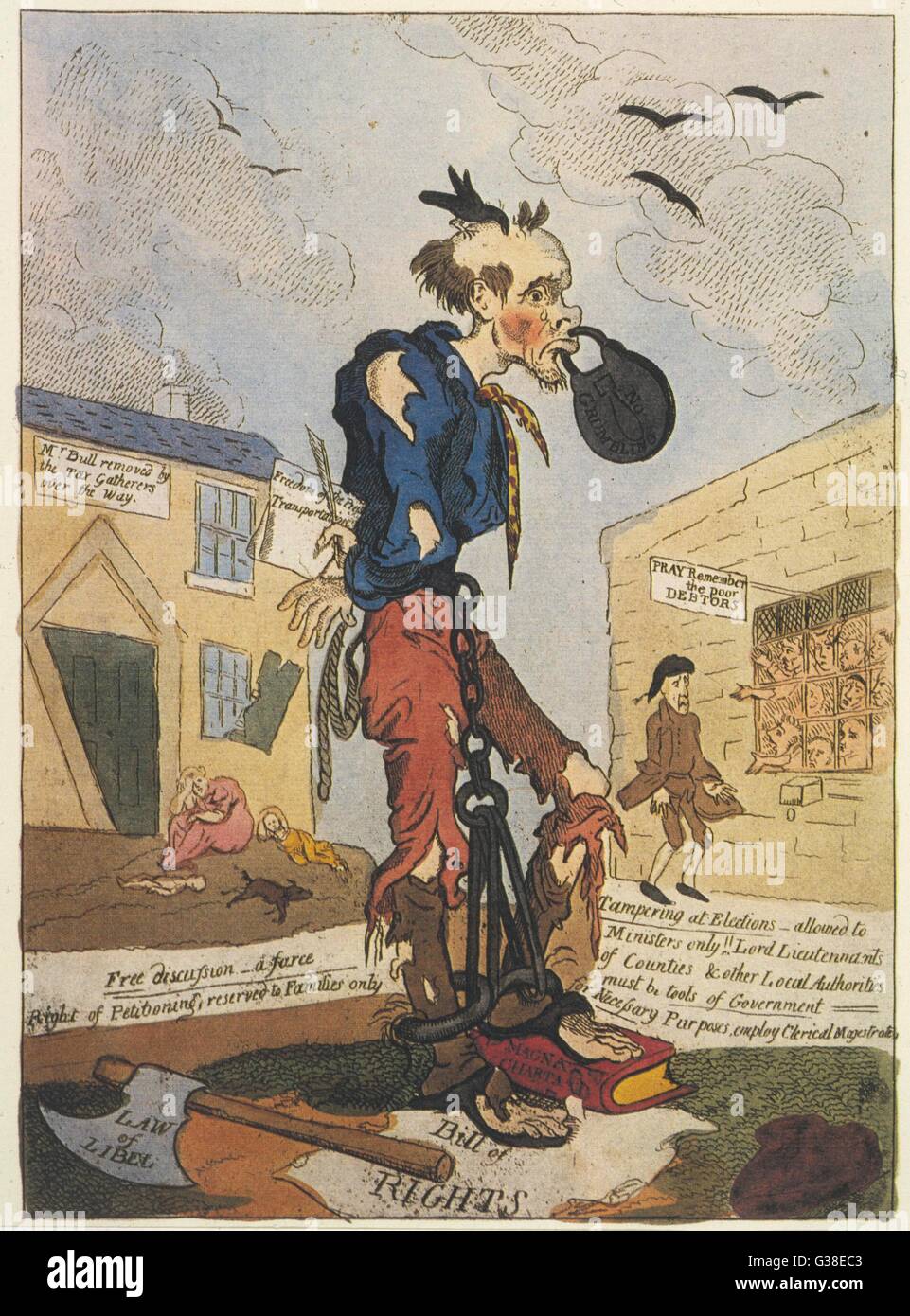 Vista satirica della "libera- nato inglese" in seguito al massacro di Peterloo e 'six agisce' che seguirono data: 1819 Foto Stock