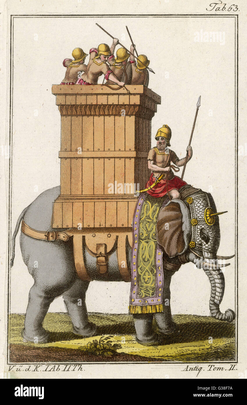 Elephant impiegati in guerra da indiani in tempi antichi : solo il suo capo e tronco sono blindato, egli porta un howdah equivalente a una miniatura fort Data: BC Foto Stock