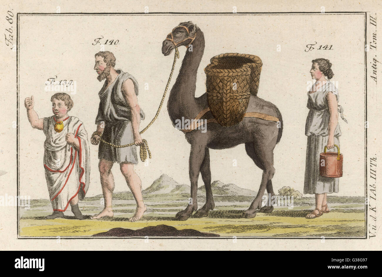 Due schiavi romano (e un cammello) assistere i loro giovani master Foto Stock