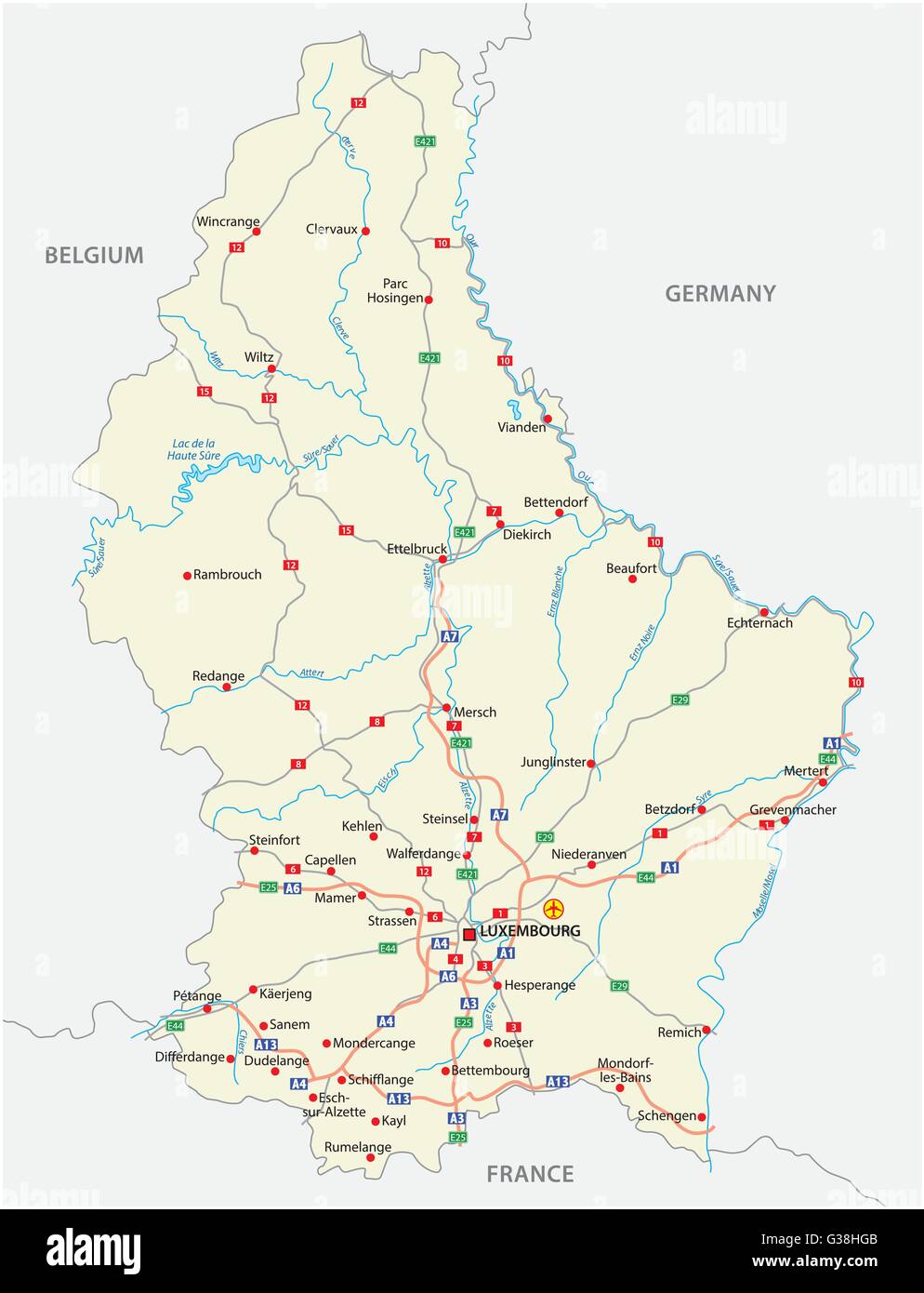 Vettore mappa stradale Granducato del Lussemburgo Immagine e Vettoriale