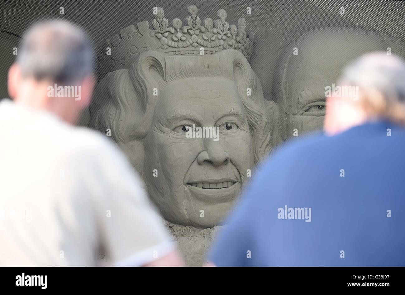 La scultura di sabbia della regina Elisabetta, Dorset, Regno Unito Foto Stock