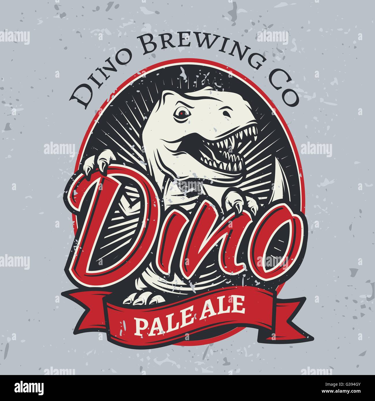 T-rex brewery insegna progettazione. Pale Ale il modello di etichetta. Dinosauro vettore birra artigianale concetto del logo. Vintage del periodo cretaceo illustrazione. Tirannosauro T-shirt badge su sfondo grunge Illustrazione Vettoriale