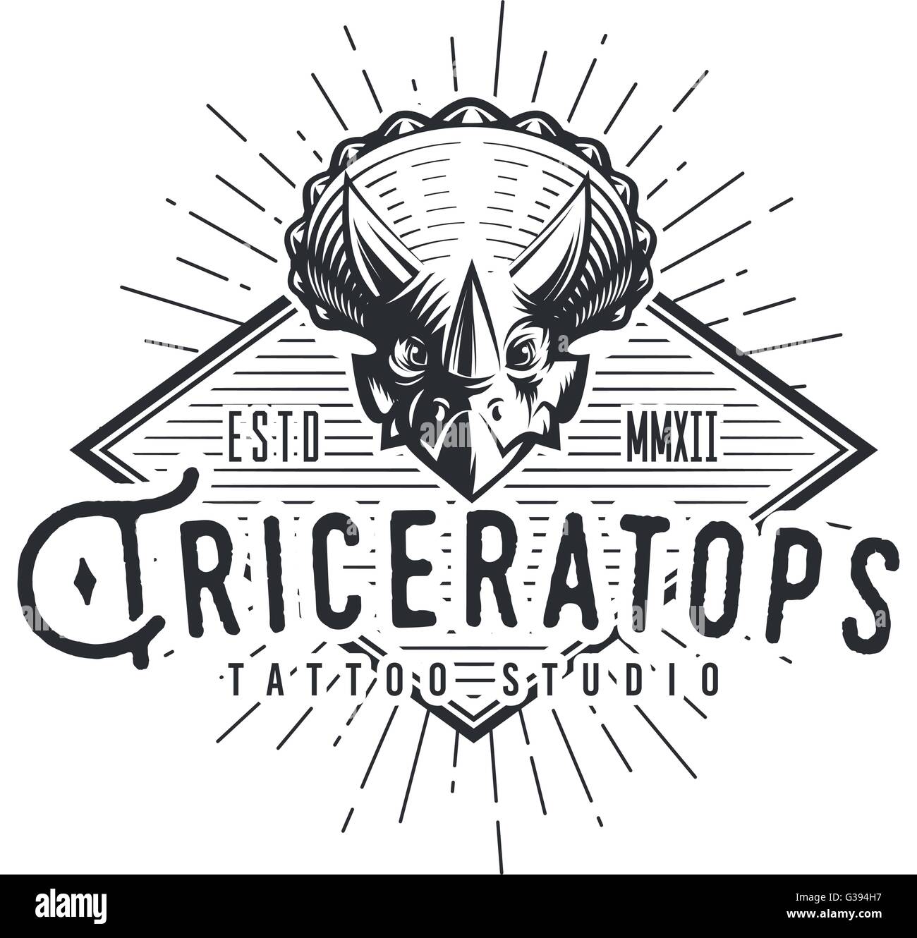 Logo Triceratops modello. Logotipo di dinosauri. Dino tattoo studio design. Vector sunburst etichetta. Giurassico retrò illustrazione. Fury Dino insegna concetto. Mondo antico il badge Illustrazione Vettoriale