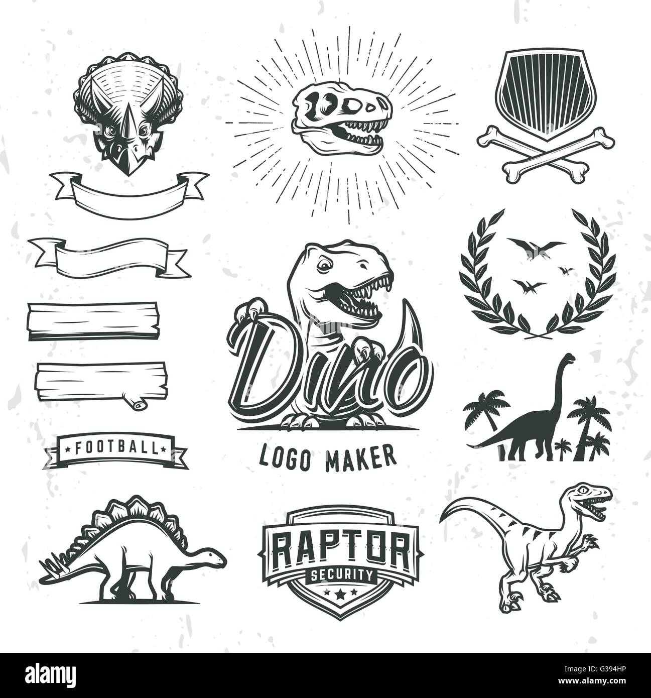 Dino logo maker set. Logotipo dinosauro creatore. Vettore T-rex modello di pagina di intestazione. Giurassico laurel crest illustrazione. Scudo insegne concept design. Cretaceo mondo badge o raccolta di etichette. Illustrazione Vettoriale