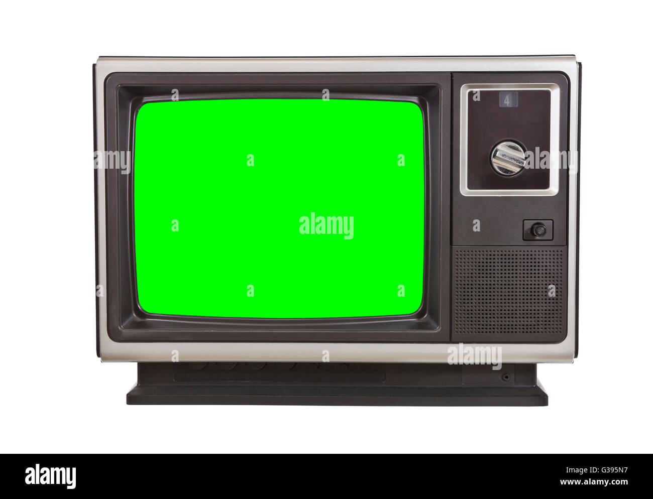 Televisione Vintage con chroma schermo verde isolato su bianco. Foto Stock