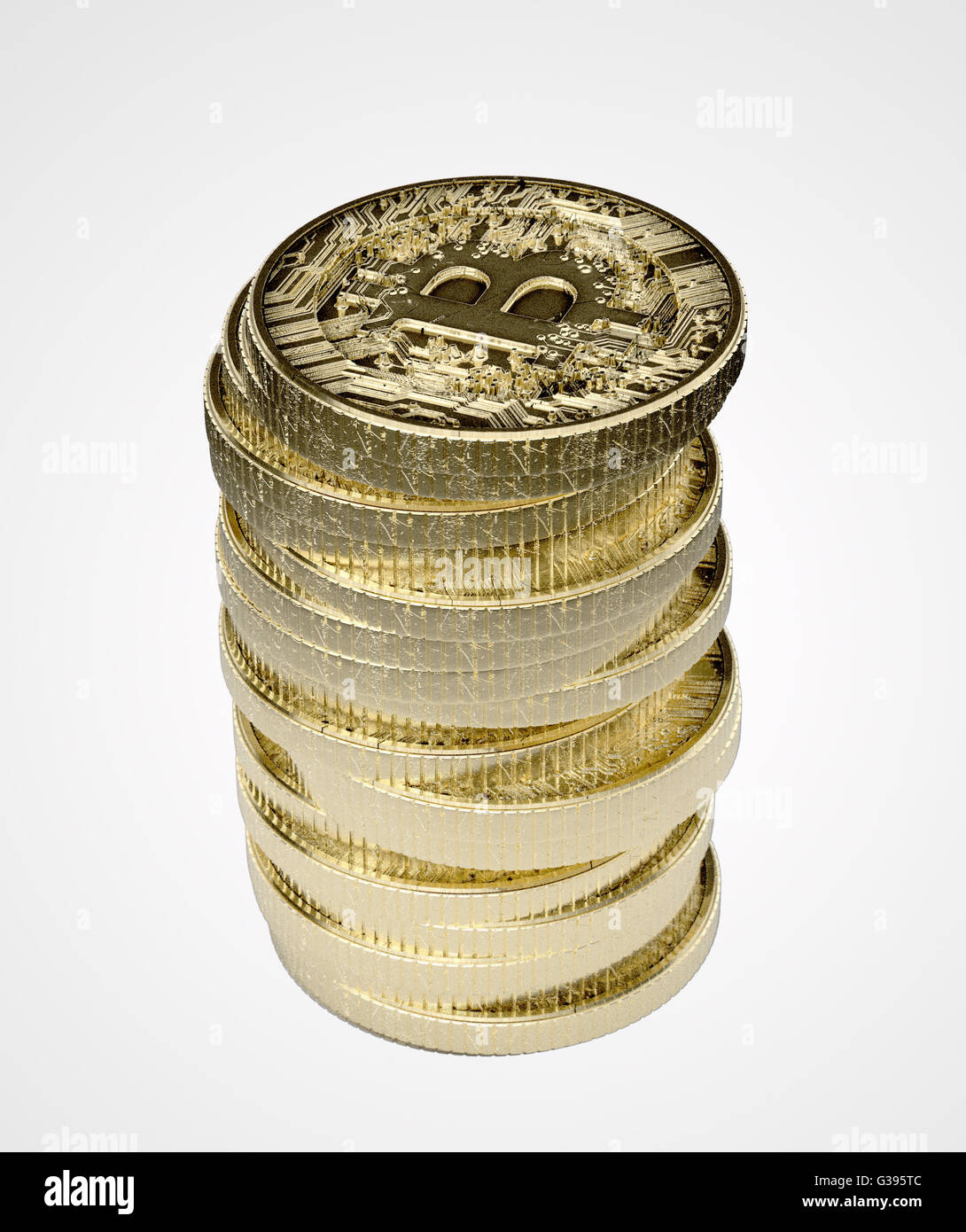 Un 3D rendering di una pila di oro virtuale bit valuta moneta su un isolato bianco di sfondo per studio Foto Stock