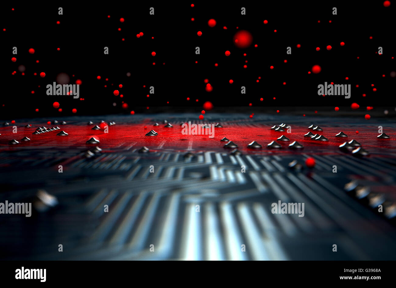 Un 3D rendering di una macro vista di una scheda a circuito stampato con un rosso infezione apparente diffusione di virus dal centro Foto Stock