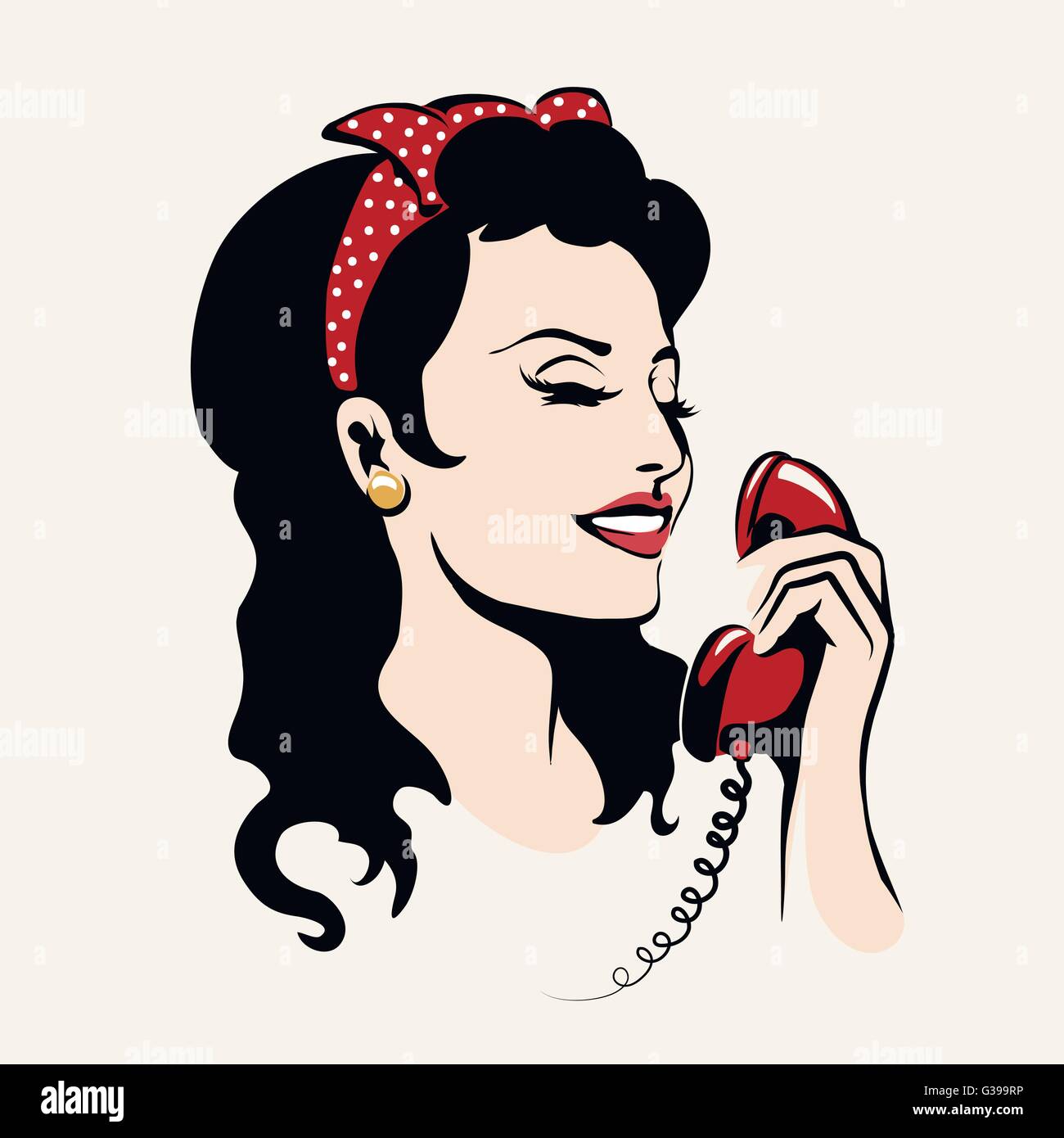Pretty Woman ridendo e parlando al telefono, pop art illustrazione. Illustrazione Vettoriale