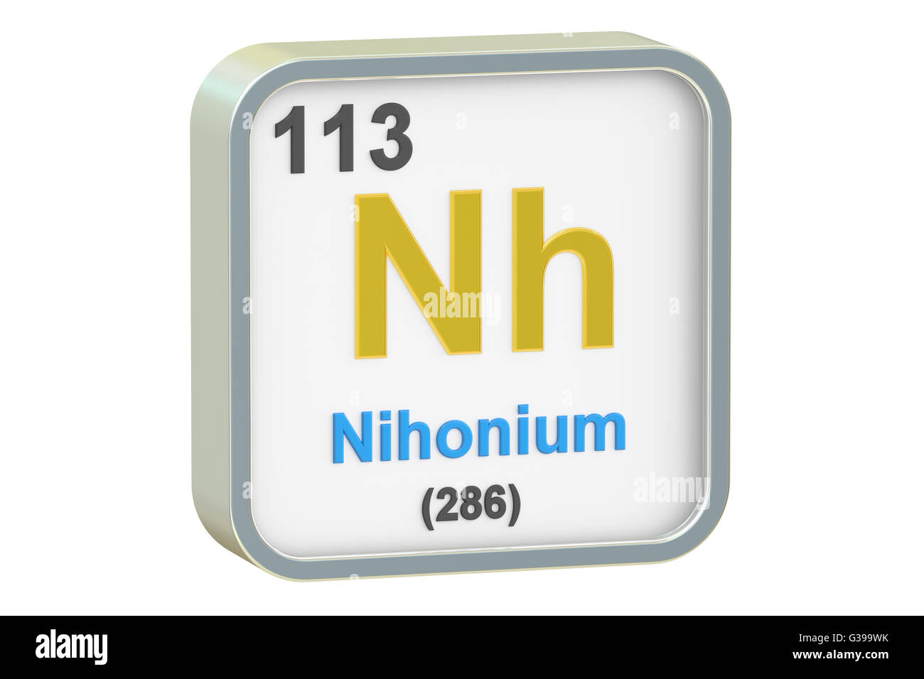 Nihonium elemento chimico isolato su sfondo bianco, rendering 3D Foto Stock
