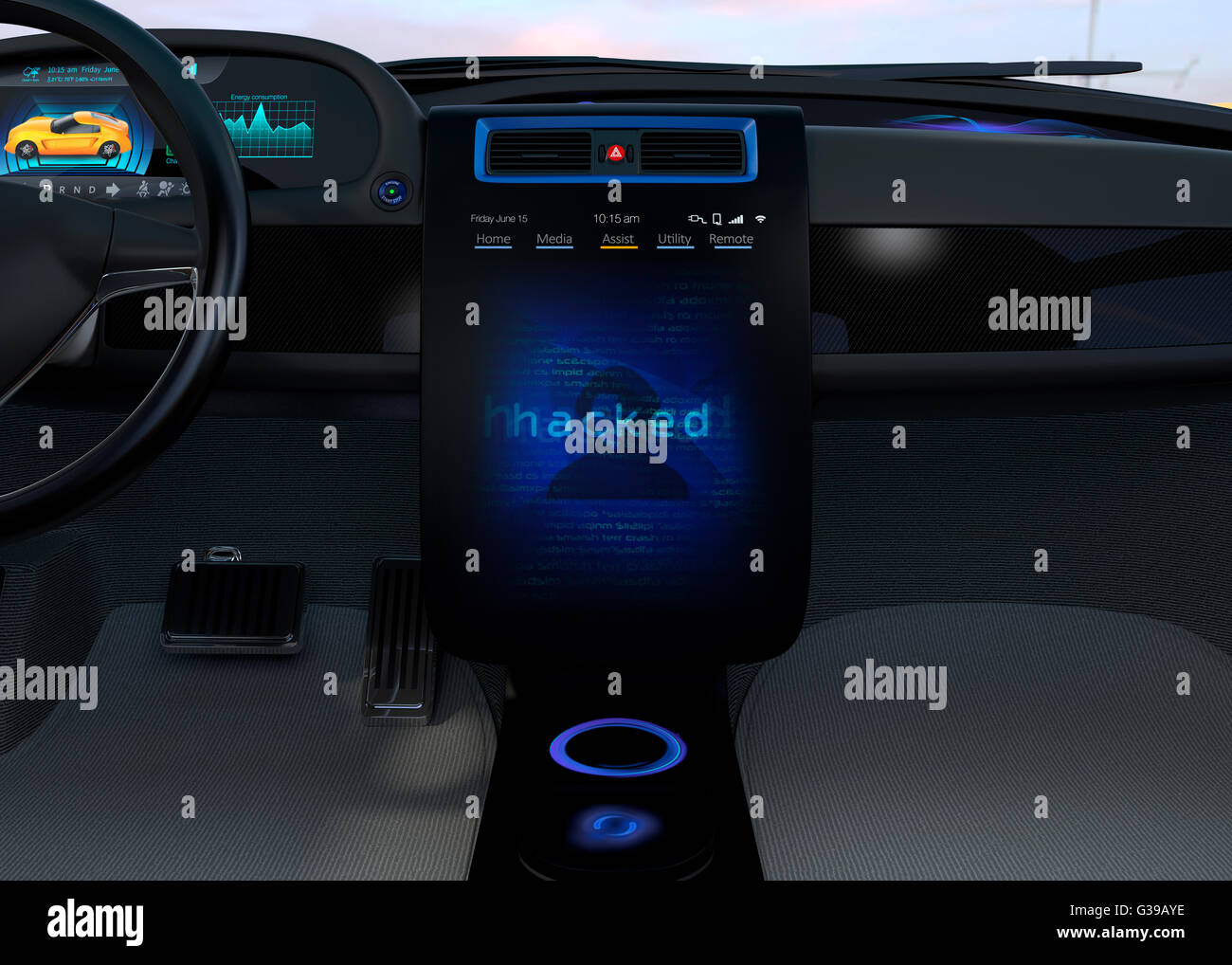 Veicolo monitor della console che mostra la schermata del sistema informatico è stato violato. Concetto di rischio di auto-guida auto. Immagine 3D. Foto Stock