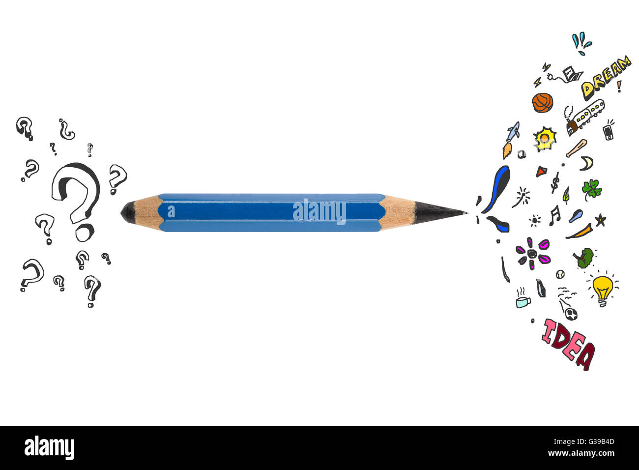 Sharp e unsharp matita in un sol pezzo isolato su sfondo bianco. Il lato sinistro è il punto interrogativo e a destra è creativo segni. Foto Stock