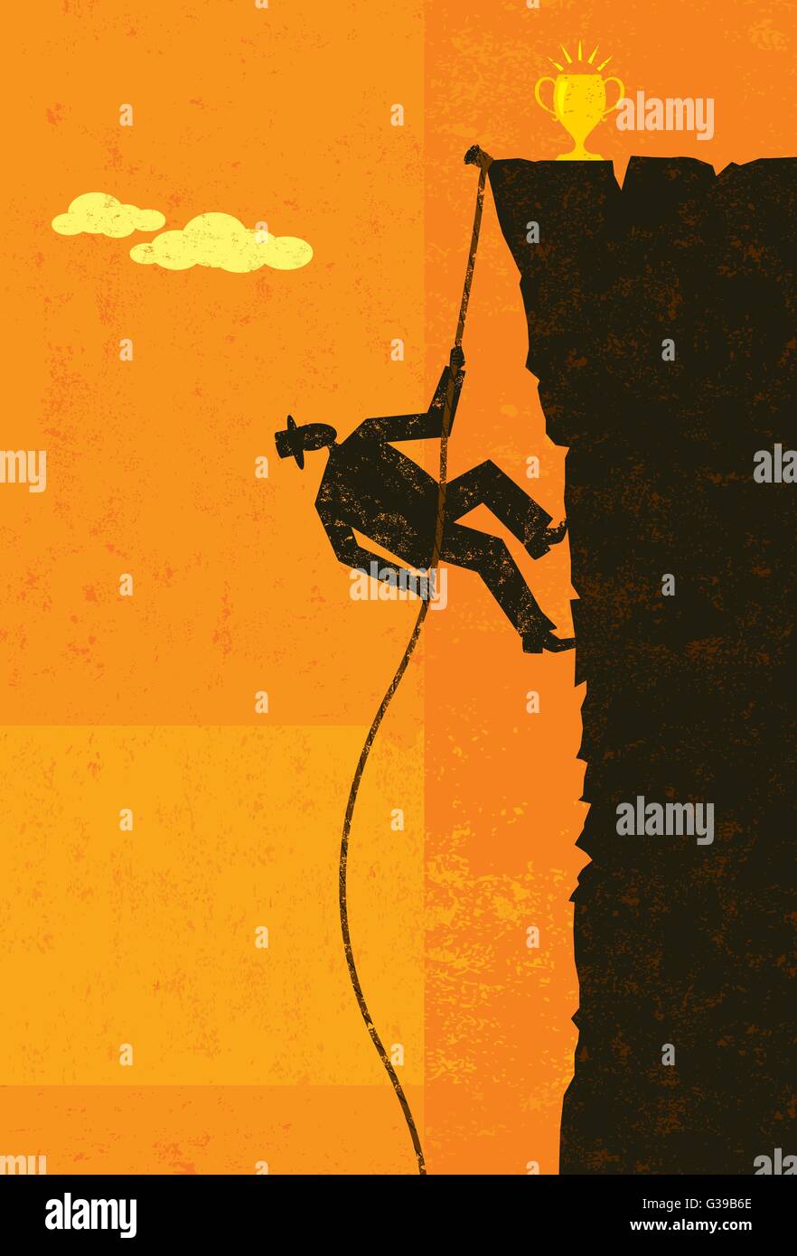 La scalata alla vittoria un imprenditore salendo una corda fino al lato di una scogliera di circa per raggiungere la cima. Illustrazione Vettoriale