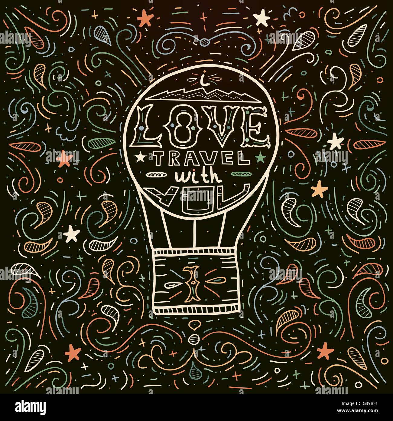 Io amo viaggiare con voi. Vintage illustrazione vettoriale con aria calda a palloncino e scritte. Illustrazione Vettoriale