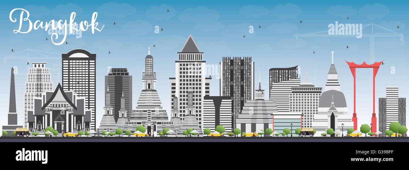 Lo Skyline di Bangkok con punti di riferimento di colore grigio e blu del cielo. Illustrazione Vettoriale. Viaggi di affari e turismo concetto con Bangkok City. Illustrazione Vettoriale