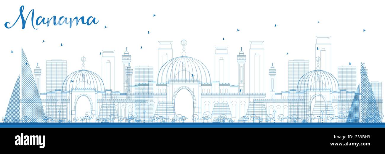 Delineare Manama Skyline con edifici blu. Illustrazione Vettoriale. Viaggi di affari e turismo concetto con edifici moderni. Illustrazione Vettoriale