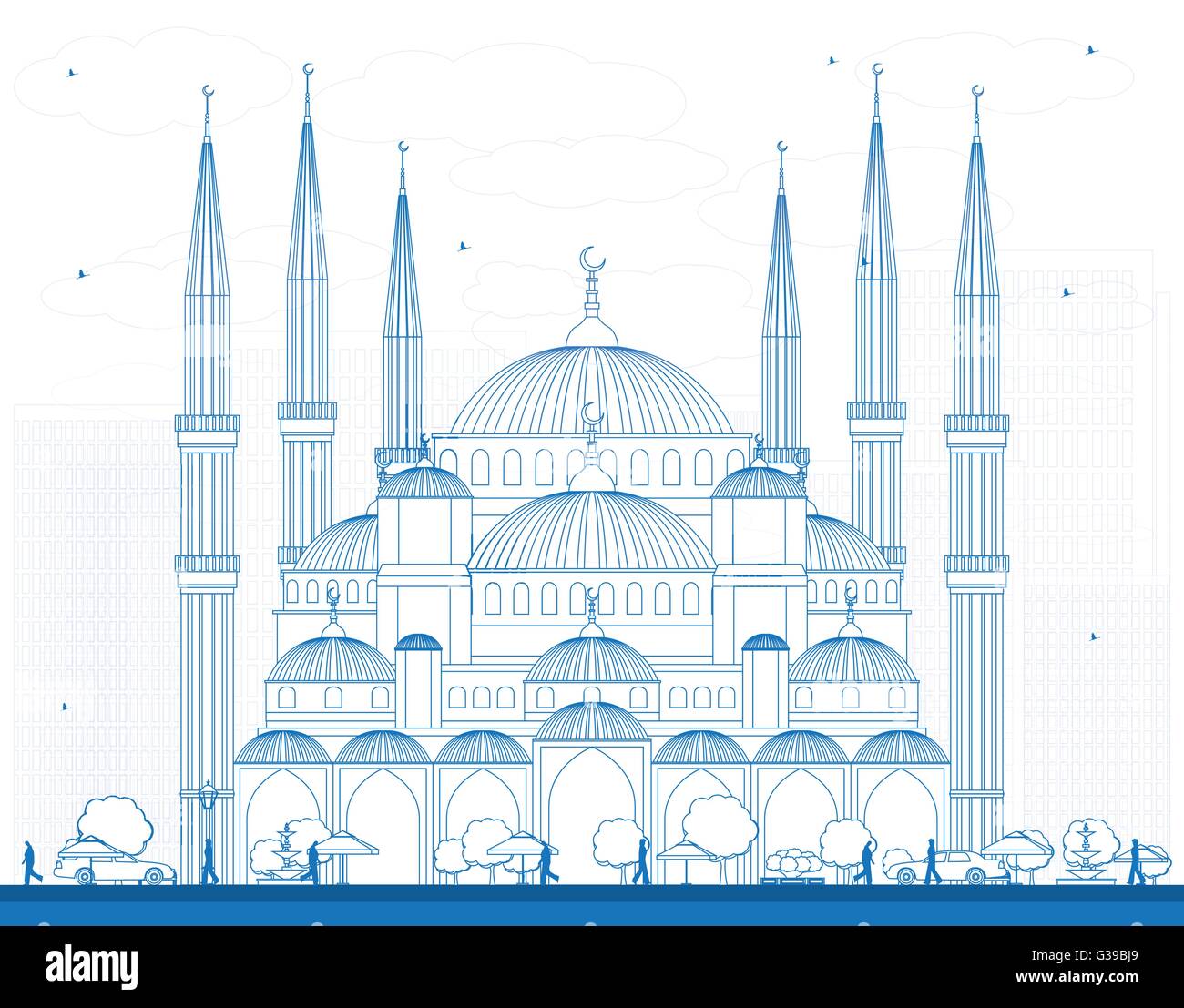 Delineare la Moschea Blu di Istanbul in Turchia. Illustrazione Vettoriale. Viaggi di affari e di turismo con il concetto di edificio storico. Illustrazione Vettoriale