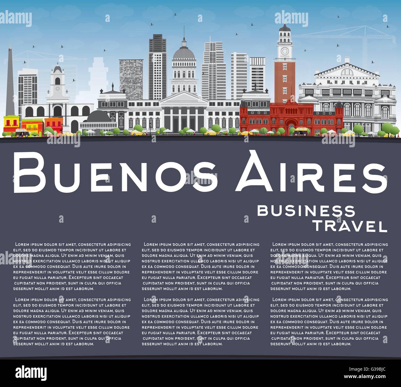 Buenos Aires Skyline con punti di riferimento di colore, il blu del cielo e spazio di copia. Illustrazione Vettoriale. Illustrazione Vettoriale