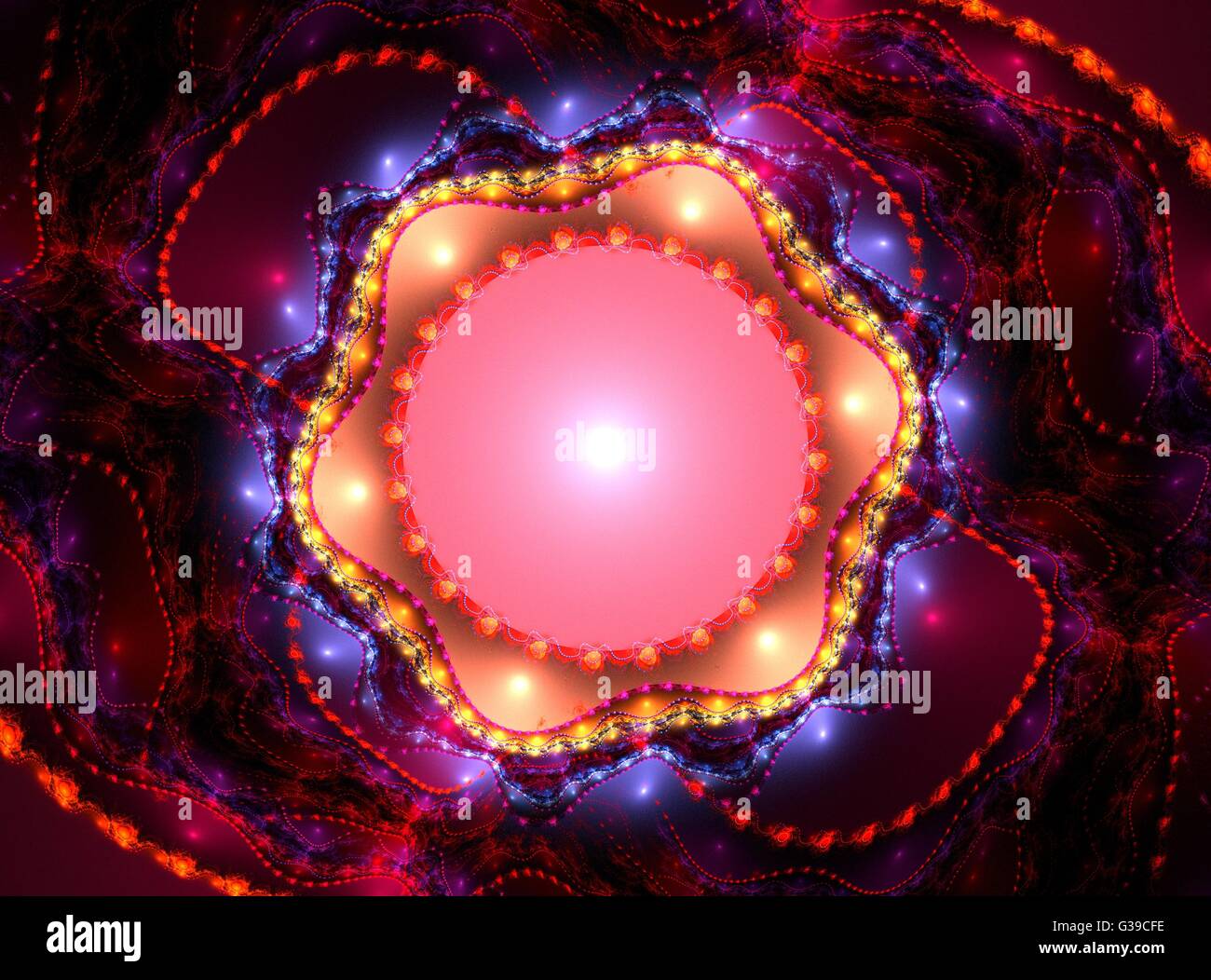 Colori psichedelici julian frattale con cerchi e linee di onda in rosso, blu, nero, rosa e viola i colori. Foto Stock