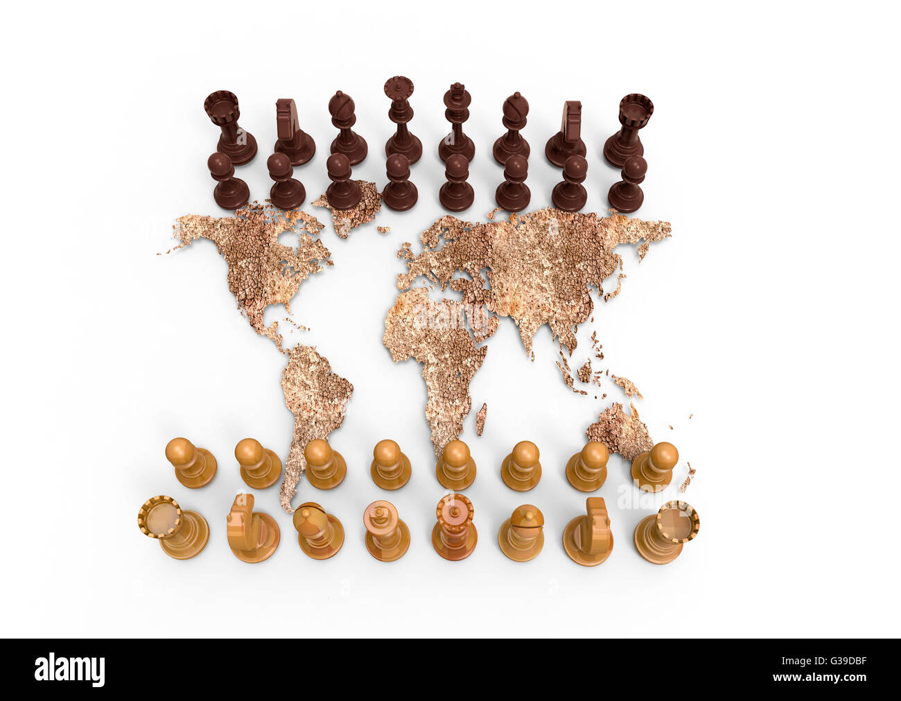 Simbolo di geopolitica, scacchiera fuori di un asciutto mappa del mondo con il gioco degli scacchi Foto Stock