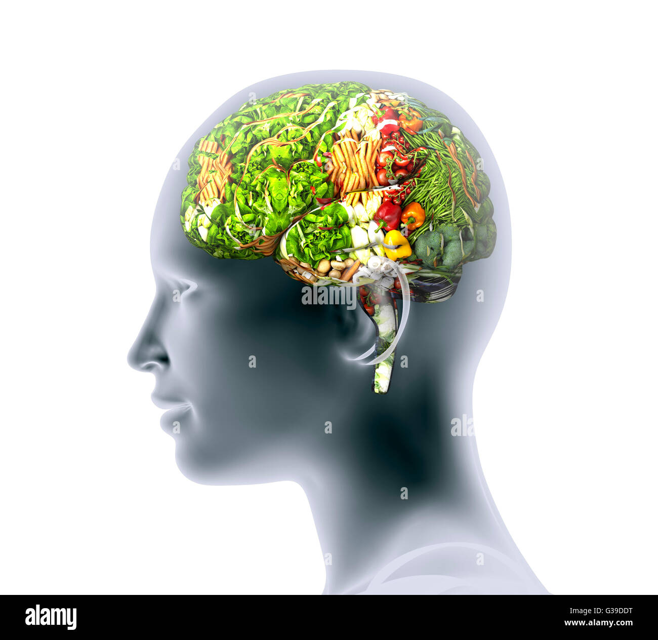 X-ray di testa umana con la frutta e la verdura per il cervello. Foto Stock