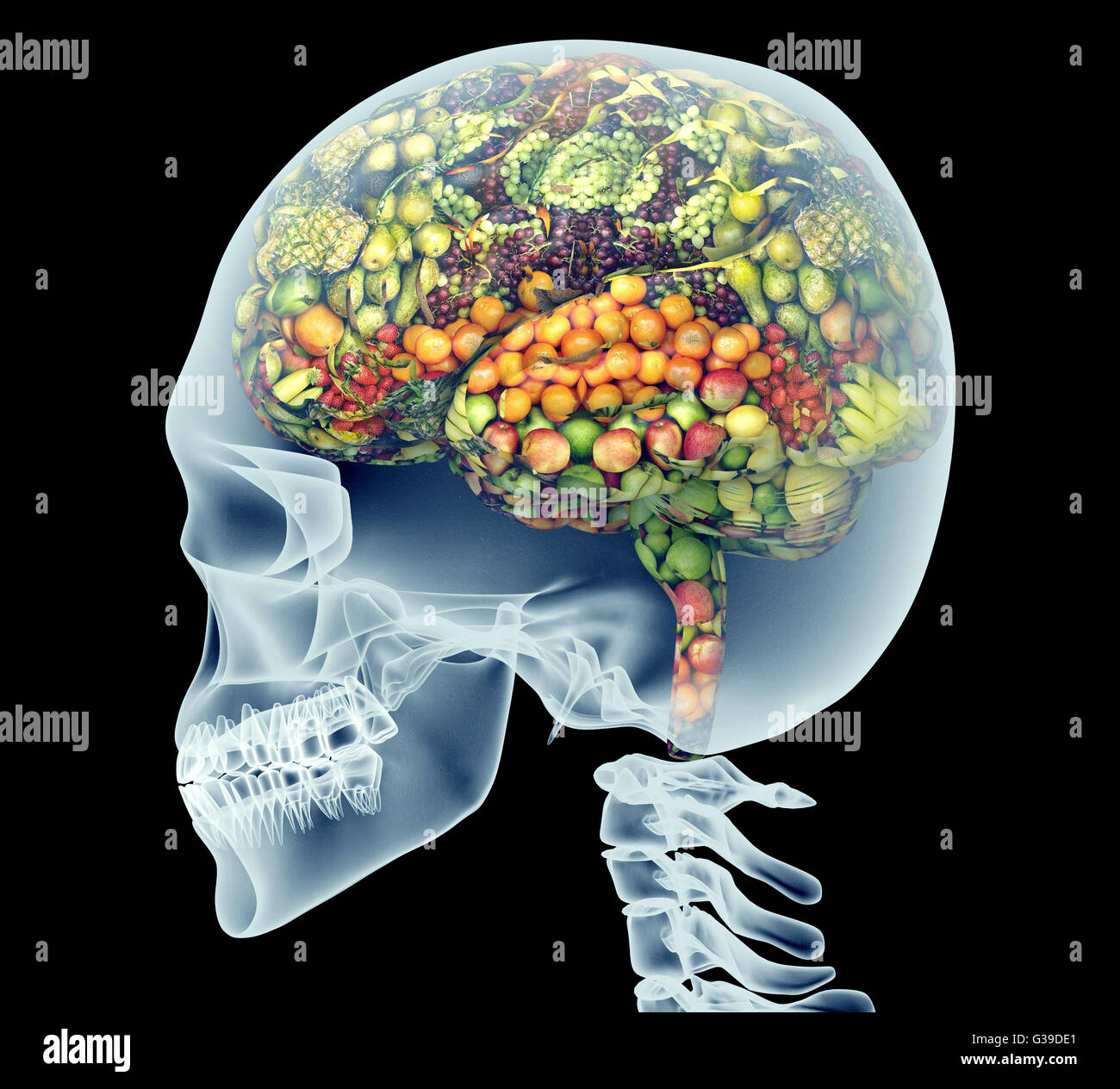 X-ray di testa umana con la frutta e la verdura per il cervello. Foto Stock