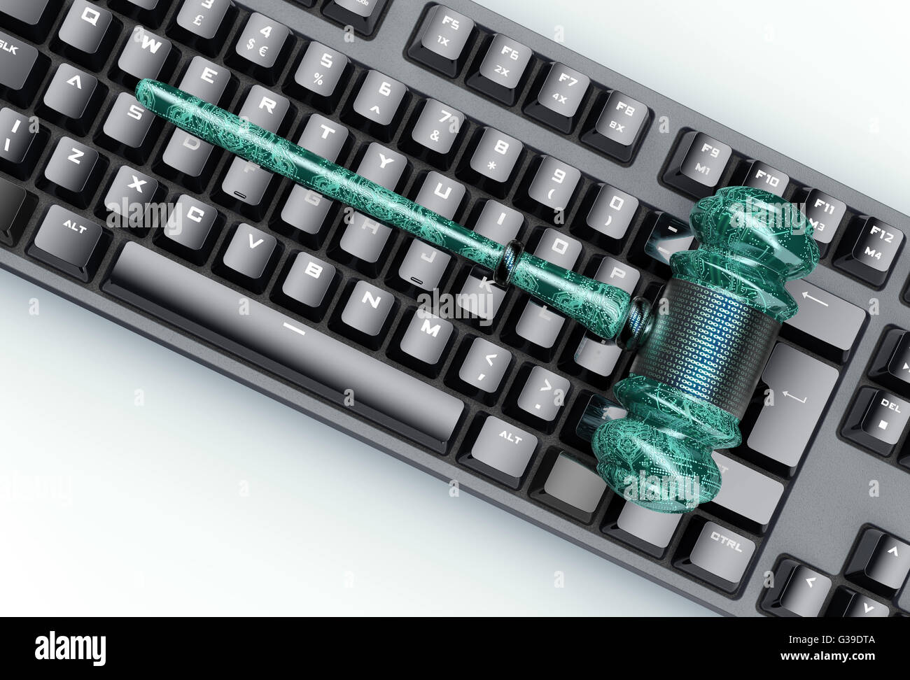 Calcolatore legale giudice concetto, cyber martello sulla tastiera del computer,3D illustrazione Foto Stock