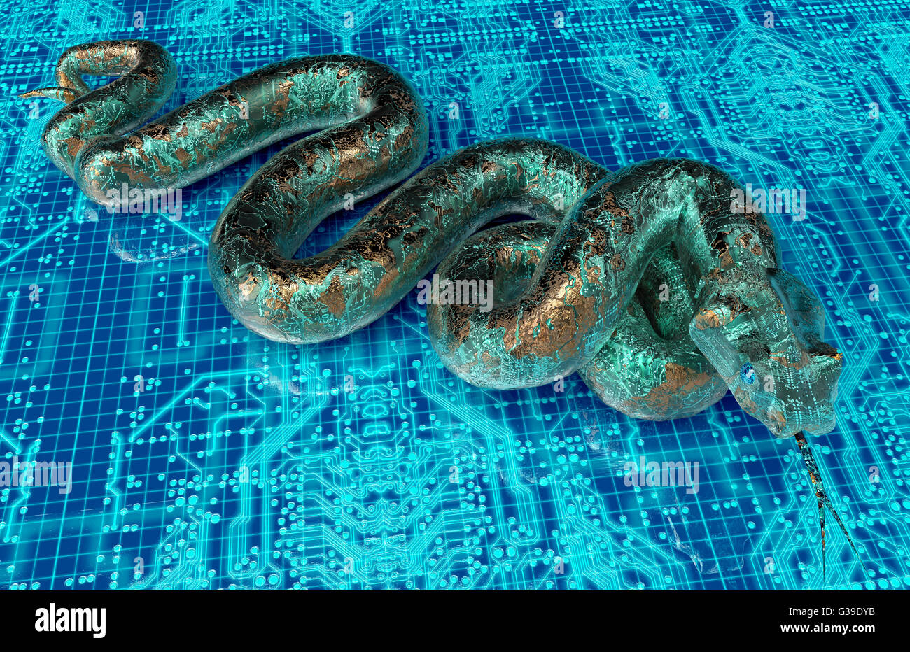 Sicurezza digitale concetto calcolatore elettronico snake, 3D illustrazione Foto Stock