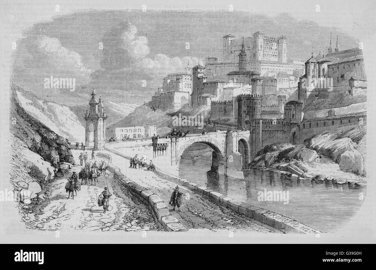 Vista della città e del ponte di Alcantara data: 1858 Foto Stock
