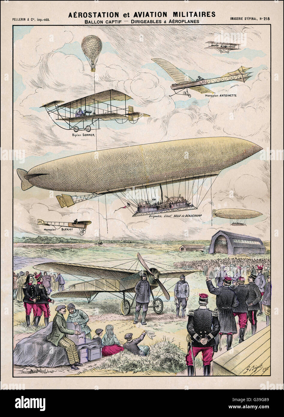 Aerei, dirigibili e una funzione di palloncino in questa stampa popolare che illustra lo stato dell'arte di aviazione francese poco prima della prima guerra mondiale una data: 1912 Foto Stock