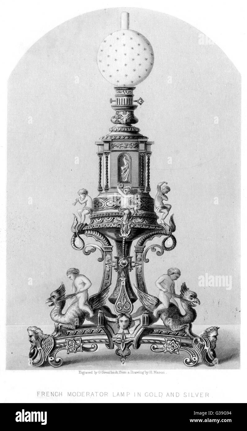 Moderatore francese lampada decorate con putti di grifoni di equitazione e altri suonare strumenti musicali data: 1851 Foto Stock