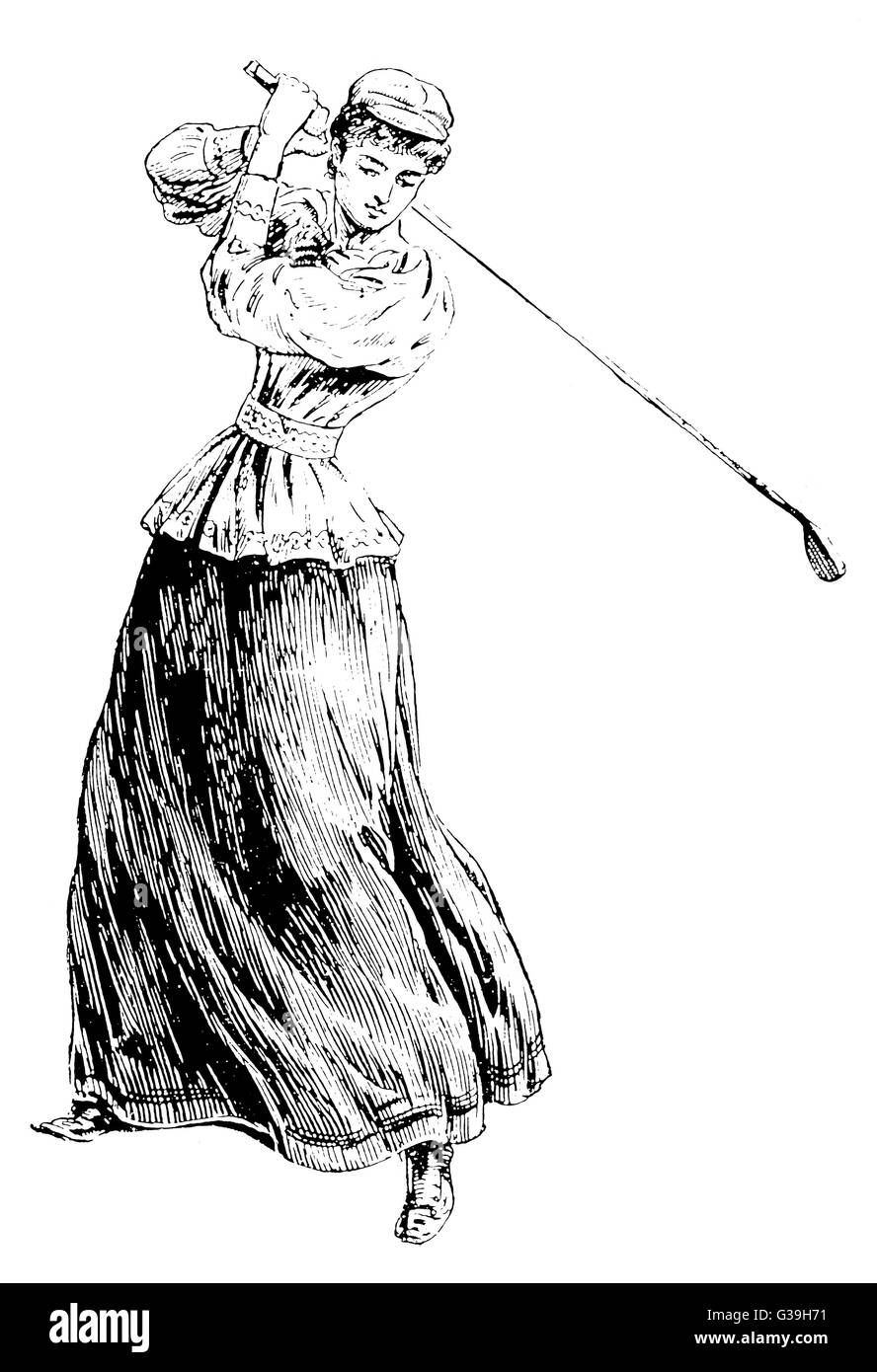 Una signora golfista risolve la palla Data: circa 1890s Foto Stock