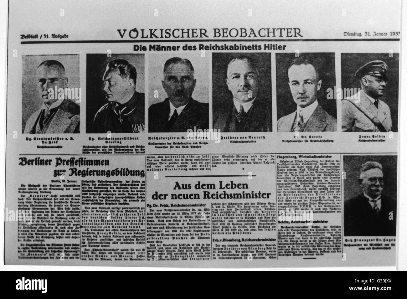 HITLER uomini da Hitler, cabinet (da sinistra) Frick, Goering, von Papen, von Neurath, Gereke Seldte e. Foto Stock