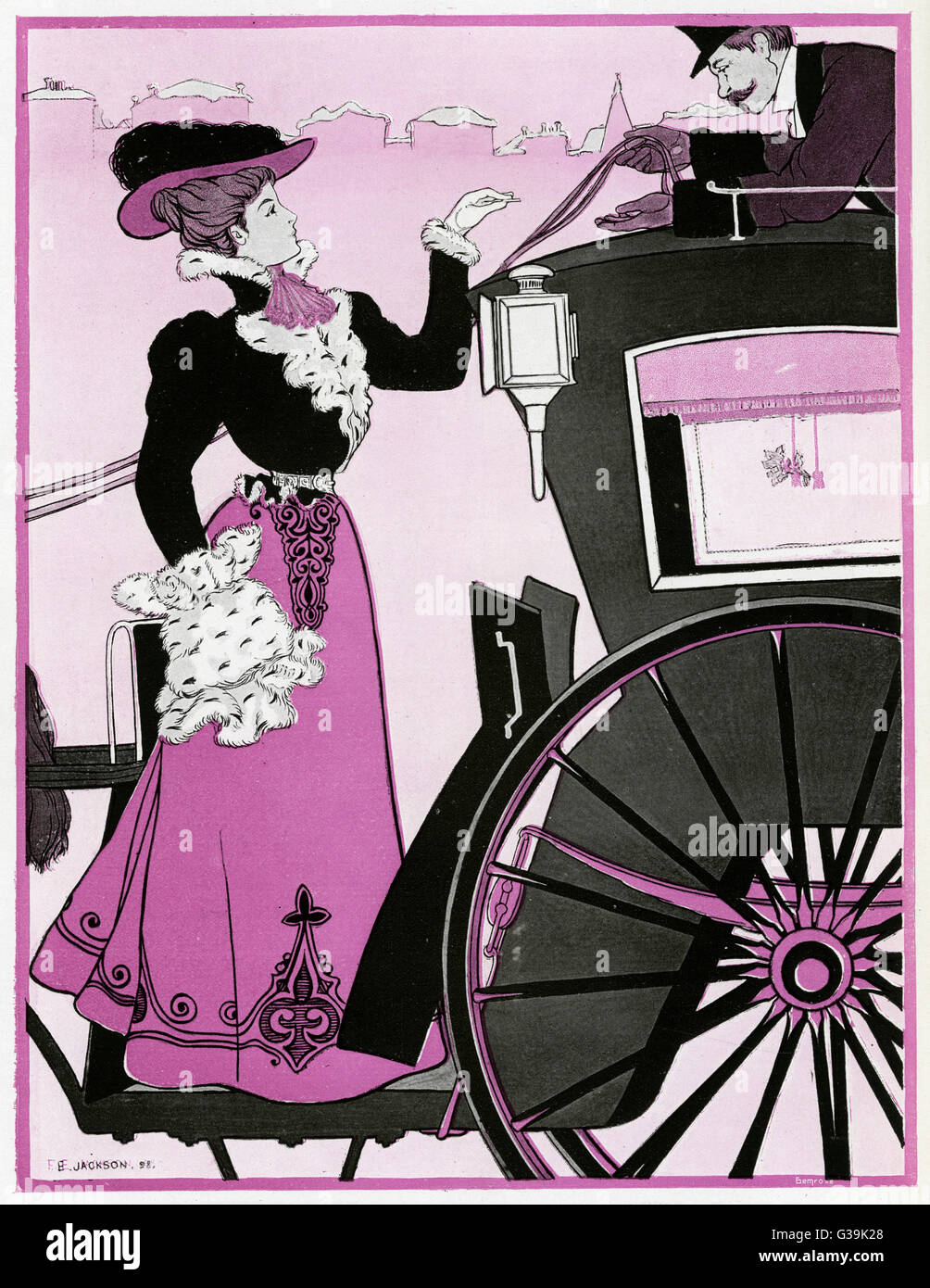 Un bel biglietto dà un bel suggerimento per il bello conducente di una cabina hansom data: 1898 Foto Stock