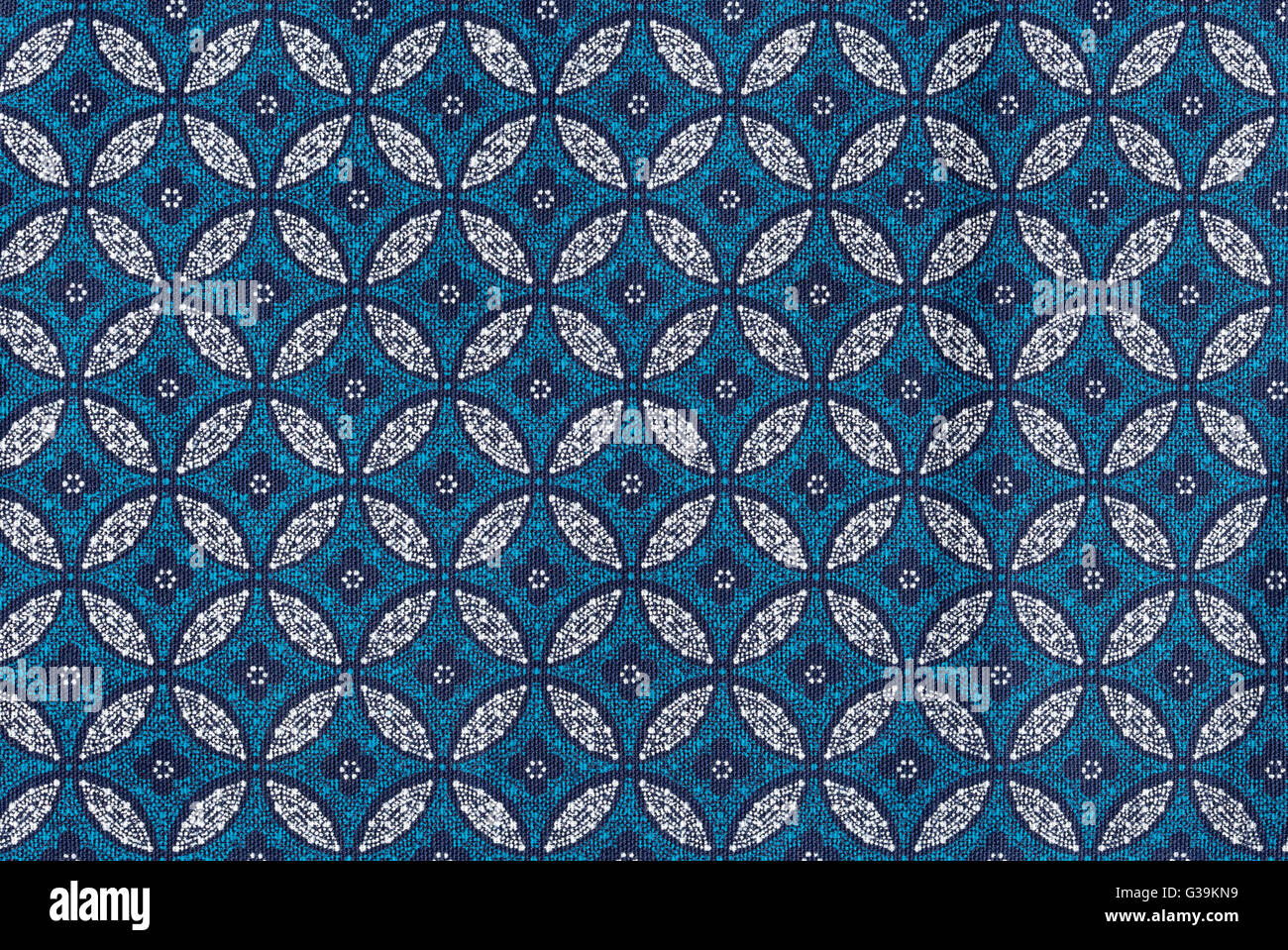 Primo piano di una calico tessuto in cotone con stampato un disegno geometrico chiamato seshweshwe - Utilizzato in Sotho tradizionale di donna abiti Foto Stock