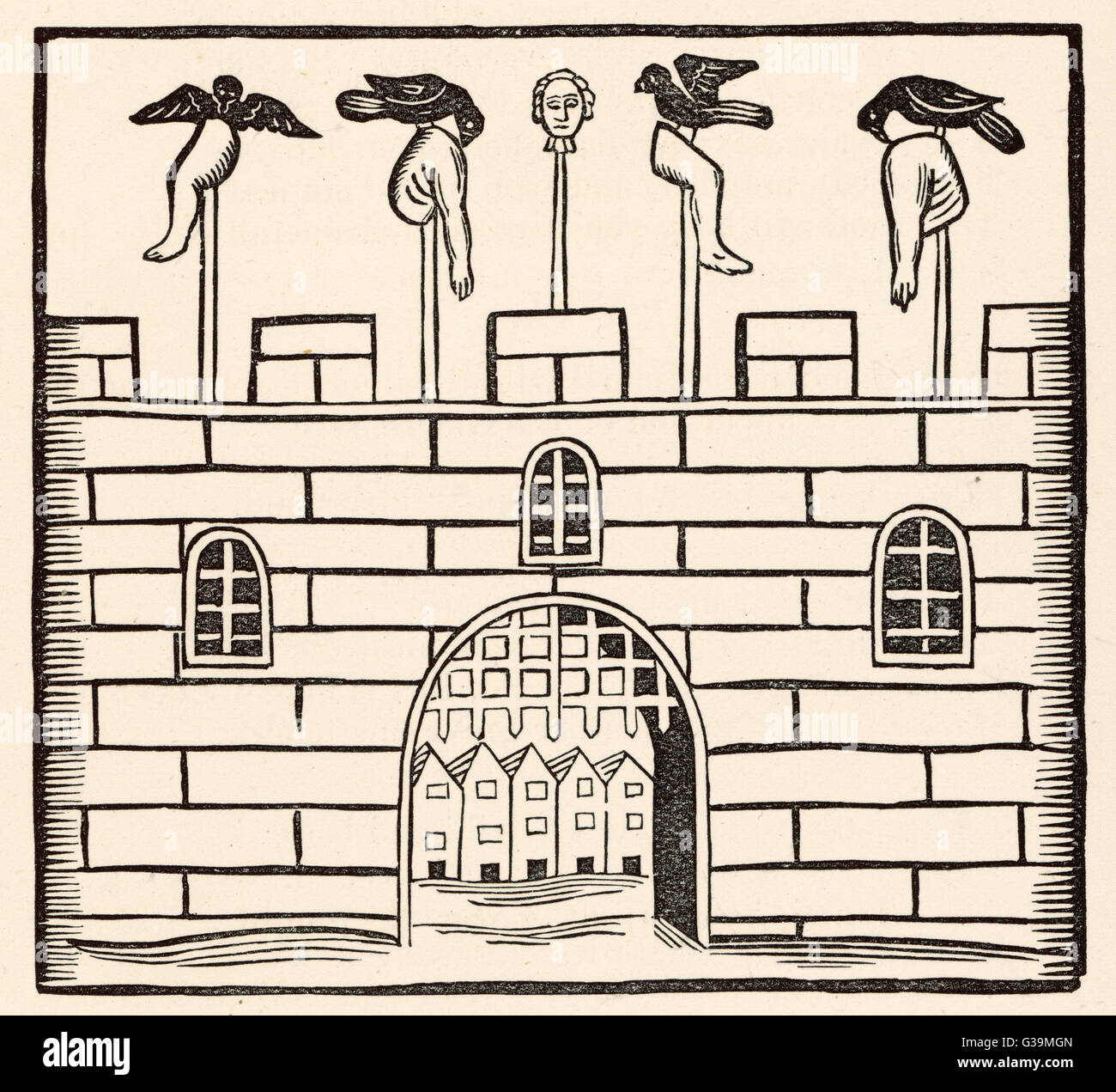 I quattro quarti di John Stevens, chi è appeso, disegnato e squartato per tradimento, vengono visualizzate su le porte della città, Salisbury, dove i corvi sono una festa Data: Marzo 1635 Foto Stock