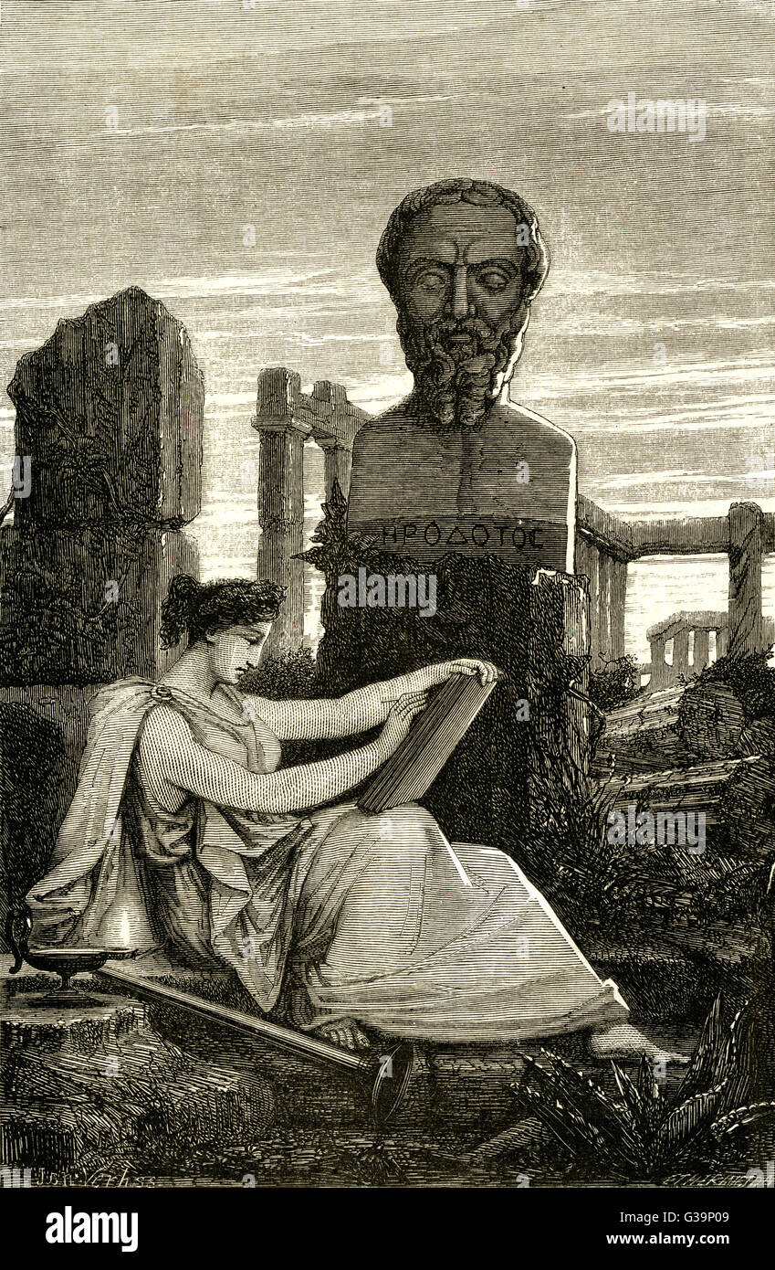Erodoto lo storico greco con la musa della Storia (Clio) in una rovina