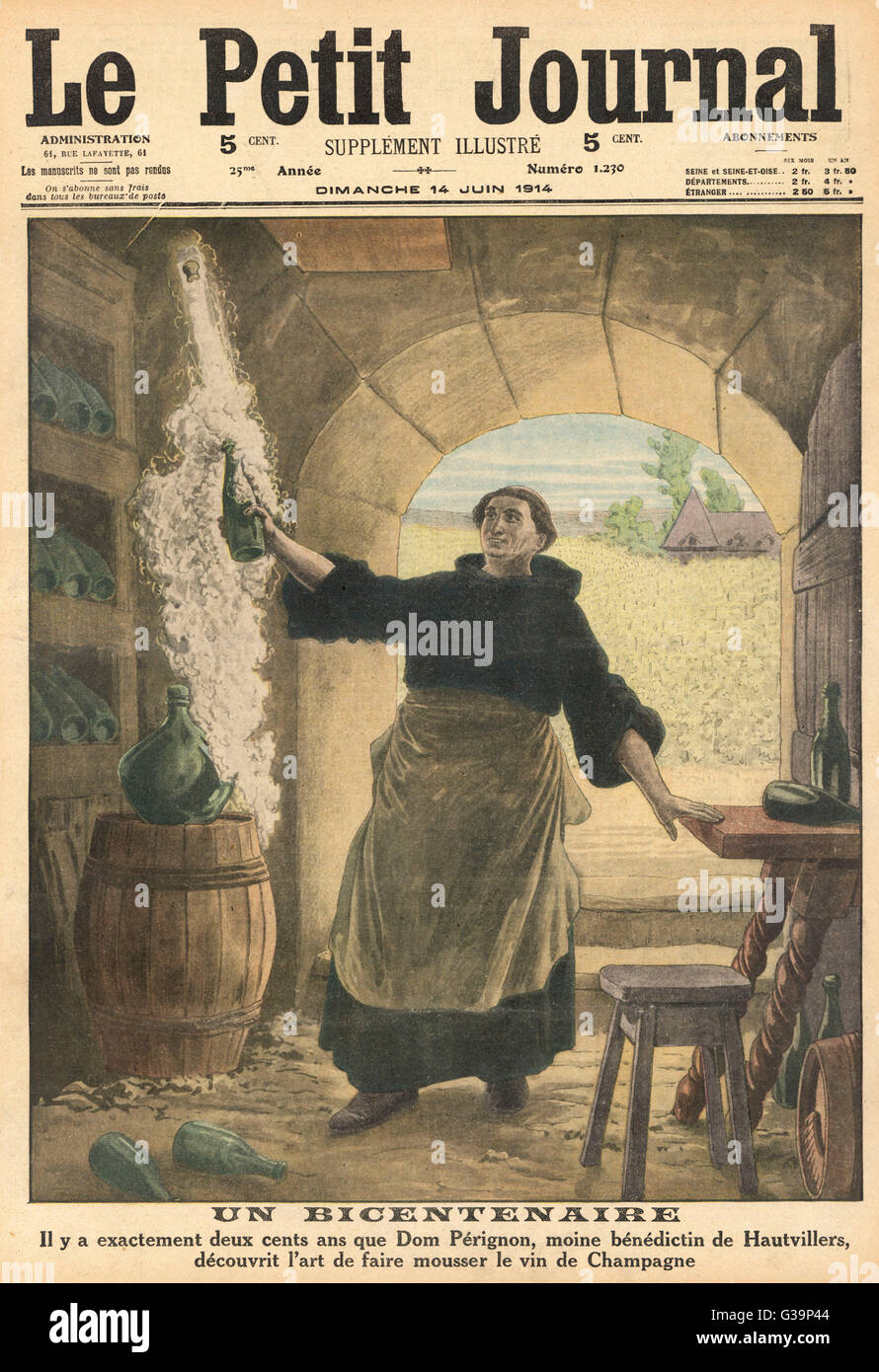 Dom Perignon, un monaco benedettino di Hautvillers, scopre il processo di champagne data: 1714 Foto Stock