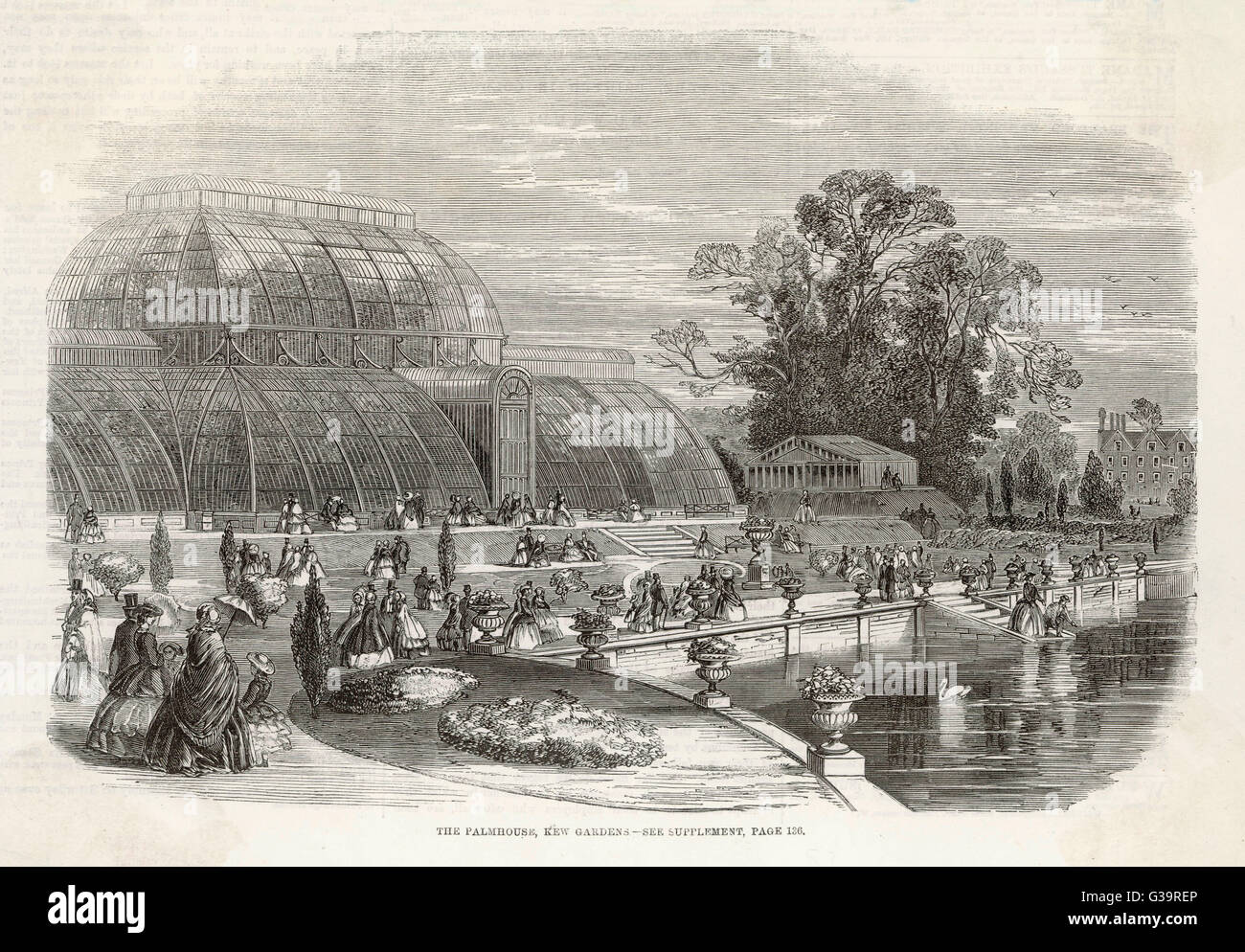 Visitatori passeggiare nei giardini di Kew Gardens al di fuori della casa delle palme data: 1859 Foto Stock