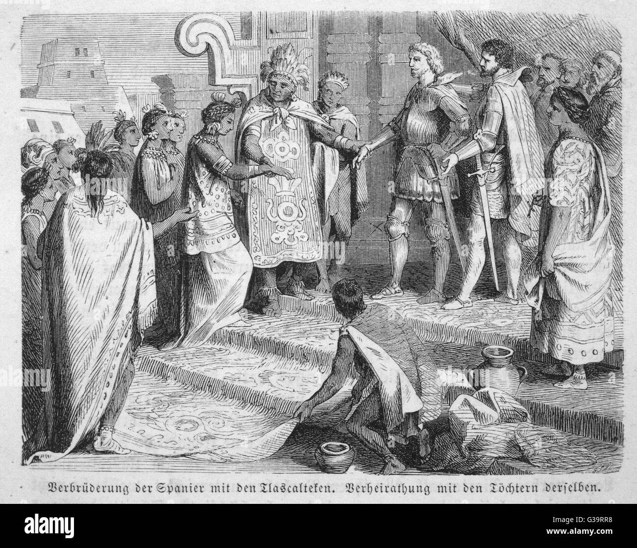 Cortes fa un alleanza con il Tlaxcalans (nemici degli Aztechi) betrothes e alcuni dei suoi uomini di Tlaxcalan donne. Data: 1519 Foto Stock