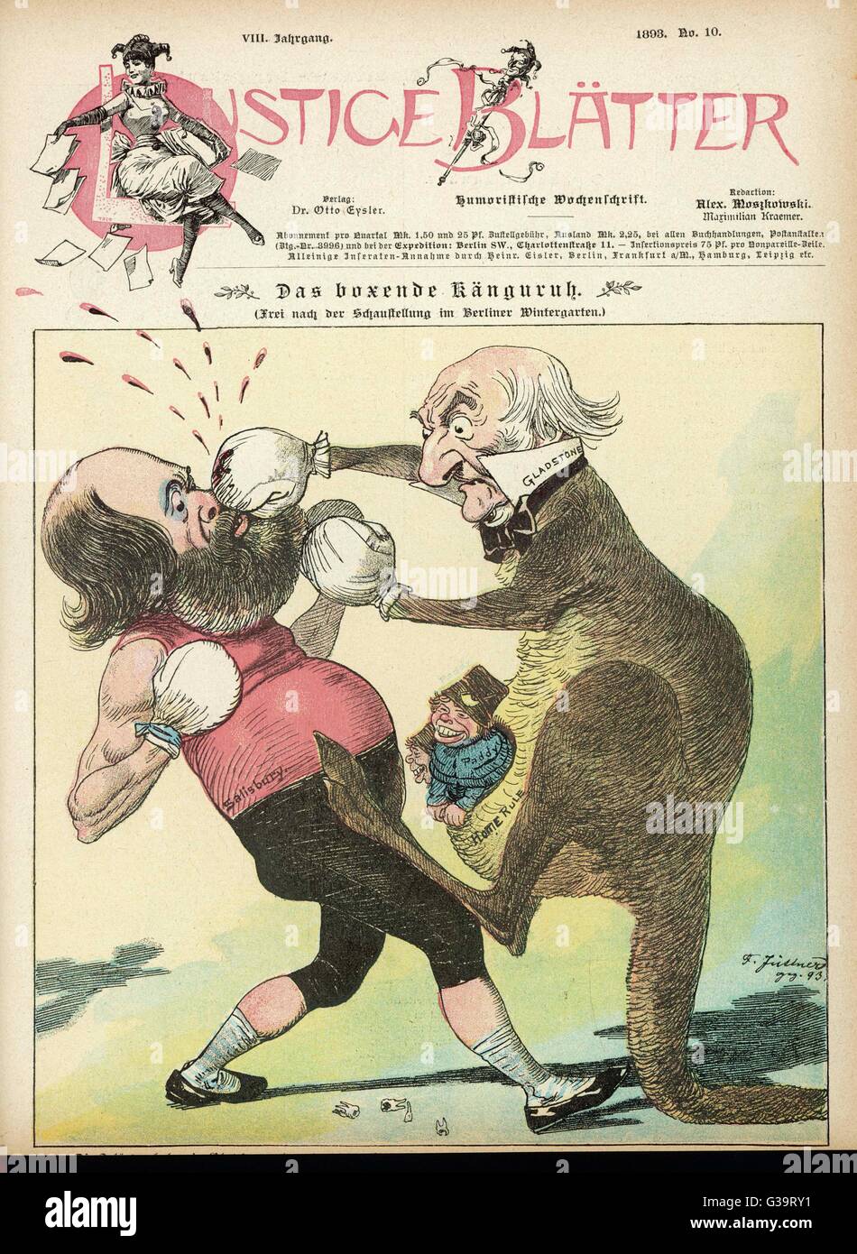 Gladstone, raffigurato come un canguro, difende Irish Home Rule (joey nella sua custodia) contro il Signore Salisbury data: 1893 Foto Stock