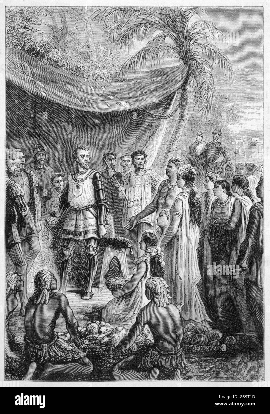 Cortes riceve omaggio da Aztechi dopo la prima vittoria di spagnolo. Data: 1518 Foto Stock