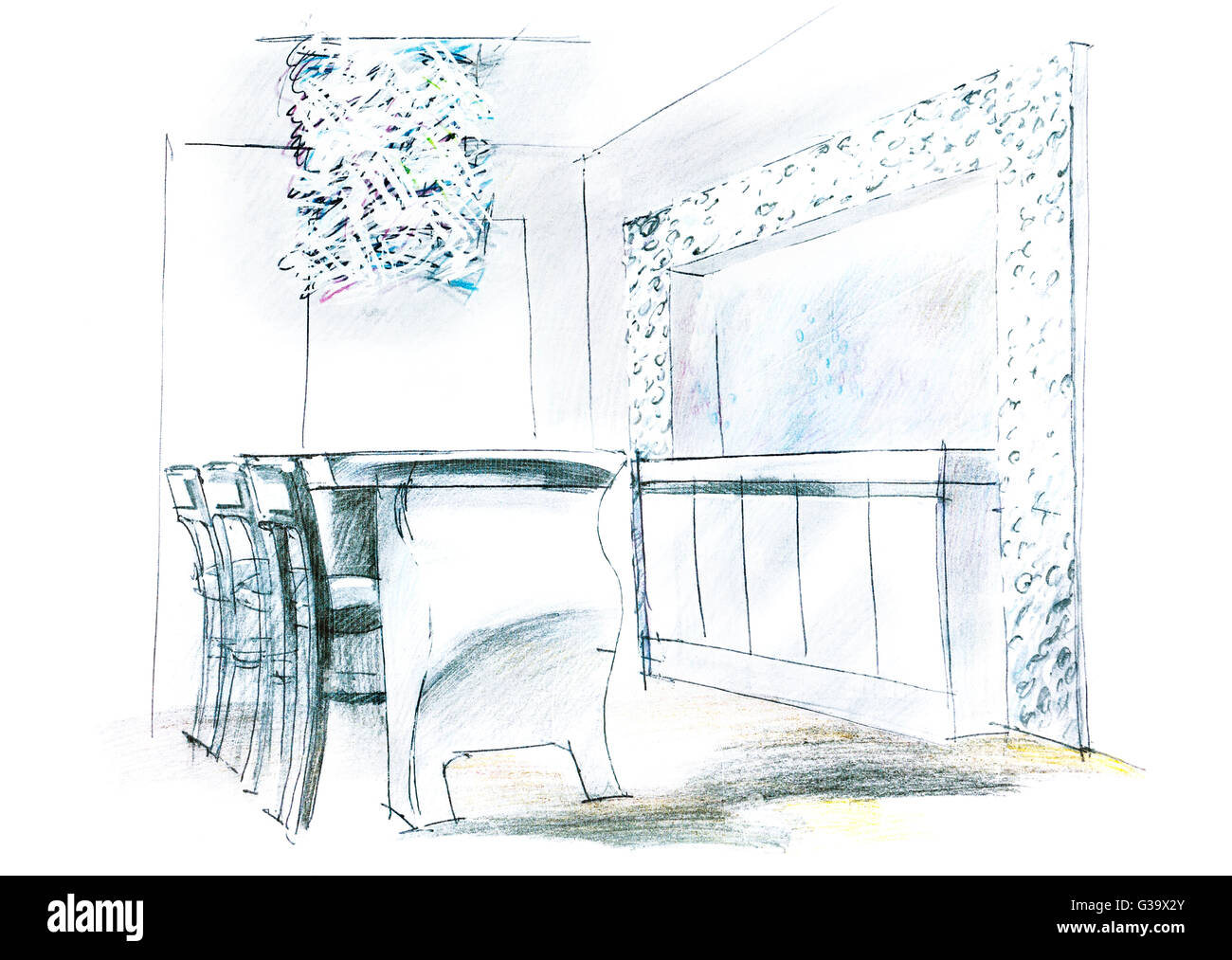 Disegno a mano libera prospettiva disegno architettonico del soggiorno Foto  stock - Alamy