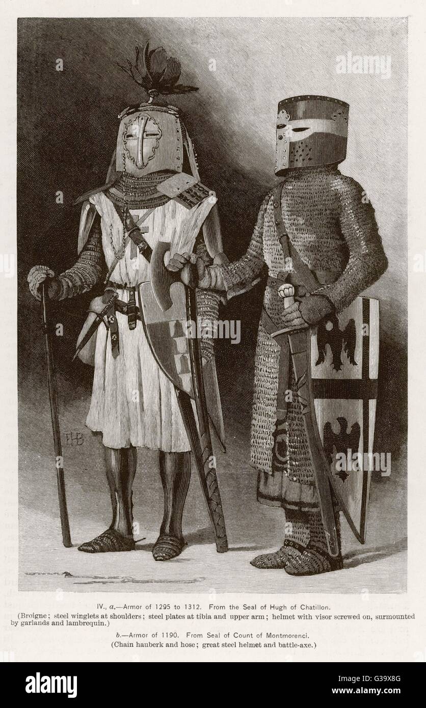 Sulla sinistra: corazza di 1295- 1312 con piastre in acciaio su spalle e braccia sulla destra: corazza di 1190 con mail a catena e battle-ax data: 1295 a 1312 Foto Stock
