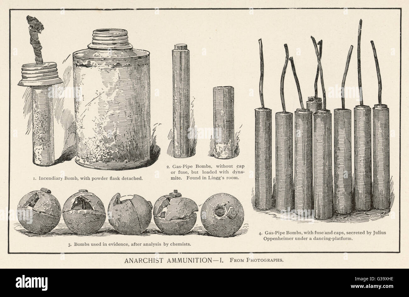 Chicago : fatti in casa a base di bombe fatte dai cospiratori anarchica. Uno di loro, gettato a polizia, uccisi e feriti molti, portando ad arresti, di prova e di esecuzioni data: 1886 Foto Stock