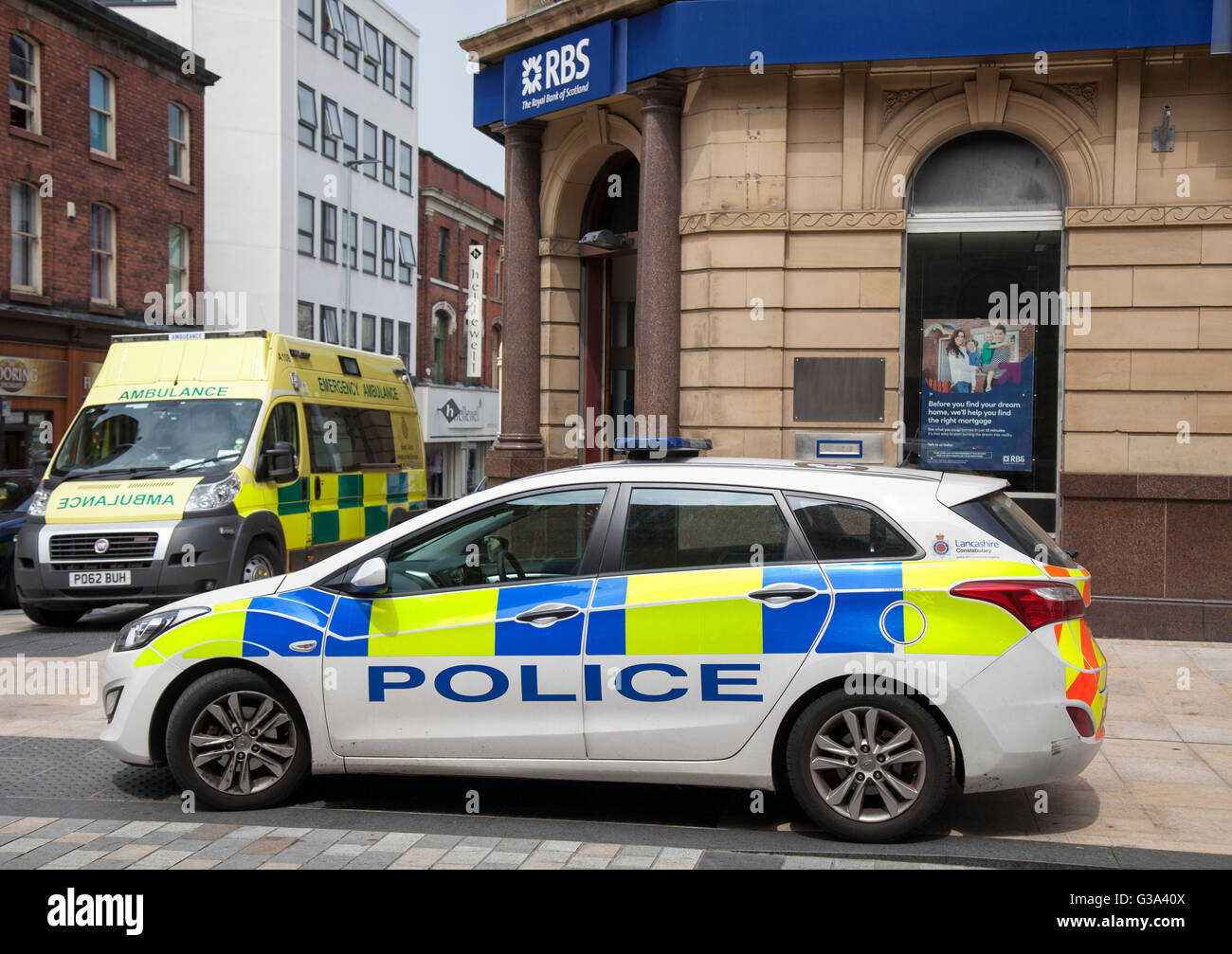 Problemi con la Banca RBS in Fishergate e Friargate nel quartiere centrale degli affari della north western Lancashire città di Preston, Regno Unito Foto Stock
