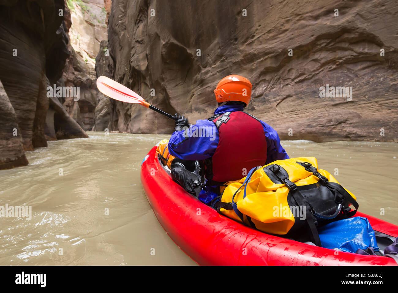 Pagaiando Sion si restringe nel Parco Nazionale di Zion, Utah. Foto Stock