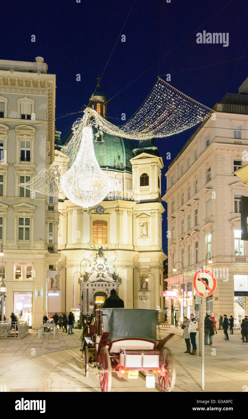 Downtown area pedonale Graben con luci di Natale, la chiesa di San Pietro, Austria, Wien, 01., Wien, Vienna Foto Stock